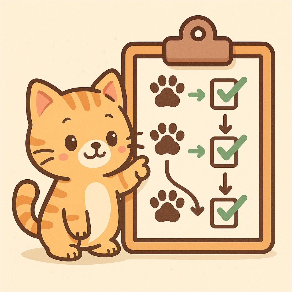 Gatto che segue una checklist per il benessere e la tecnologia dei gatti, illustrazione educativa.