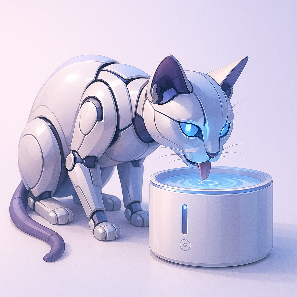 Gatto futuristico che beve da una fontanella smart, simbolo di benessere e tecnologia per gatti.