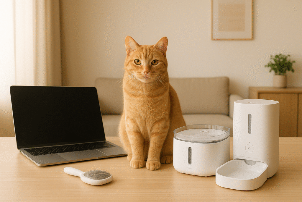 Gatto rilassato su una scrivania moderna con accessori smart per gatti e luce naturale. Atmosfera serena, ideale per un blog per gatti.