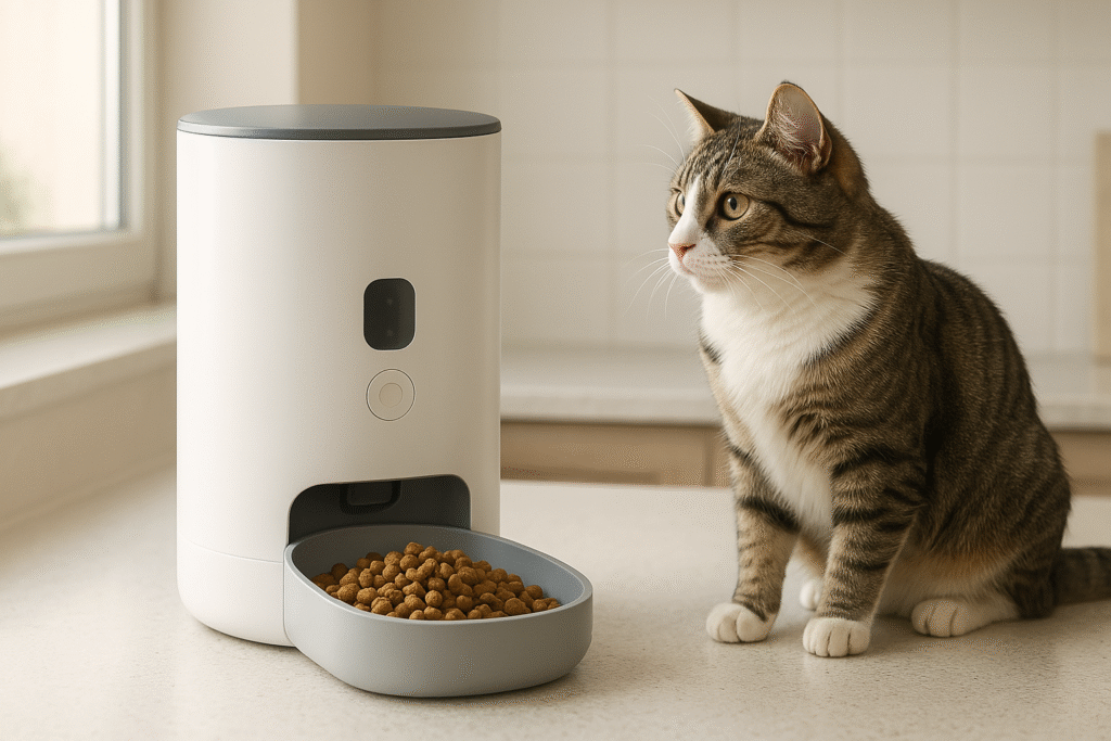 Distributore automatico di cibo per gatti moderno su piano cucina, design tech, luce naturale soffusa.