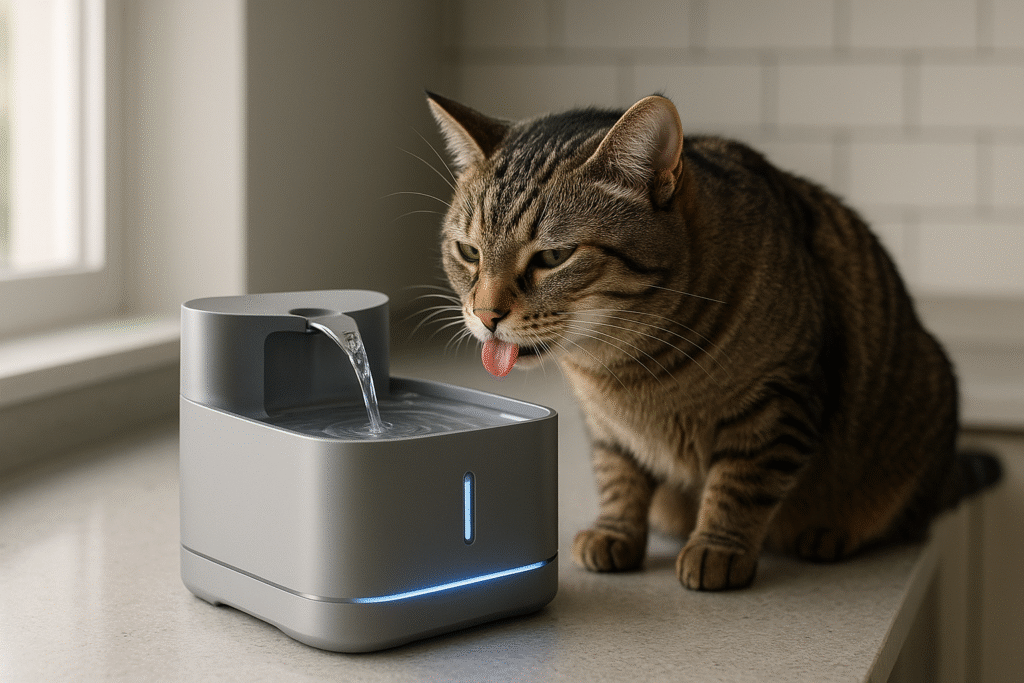 Gatto che beve da fontanella intelligente gatti con LED su piano cucina, design moderno, luce naturale soffusa
