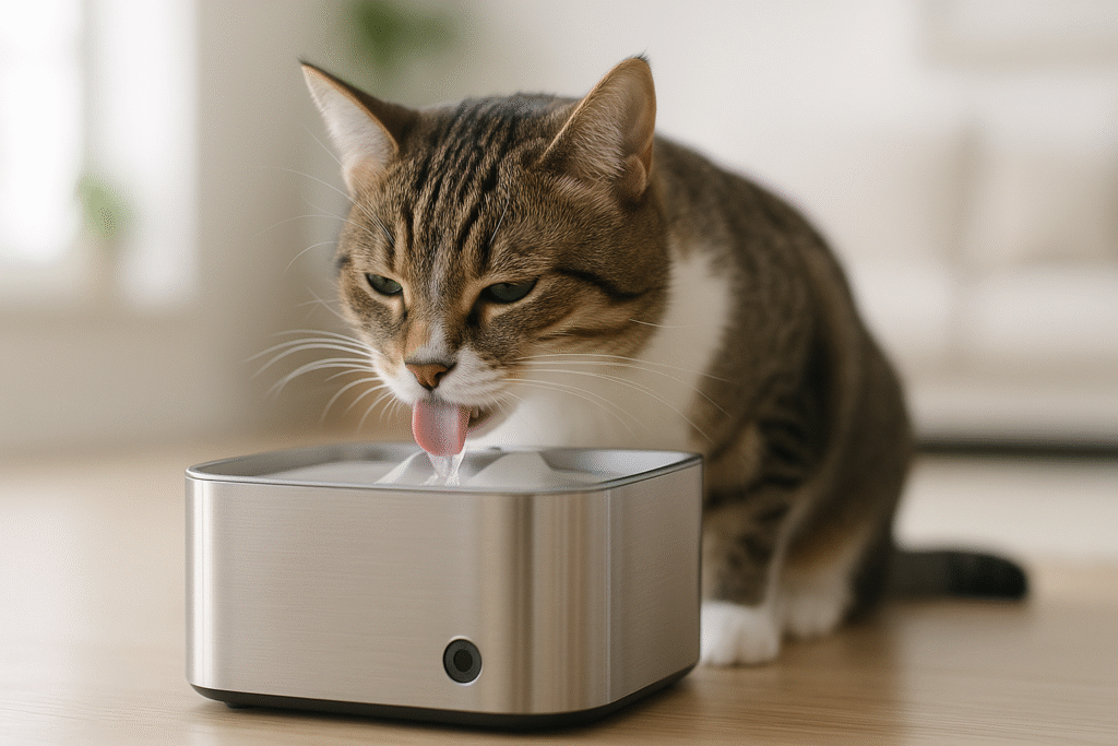 Gatto che beve tranquillamente da una fontanella intelligente in acciaio inox