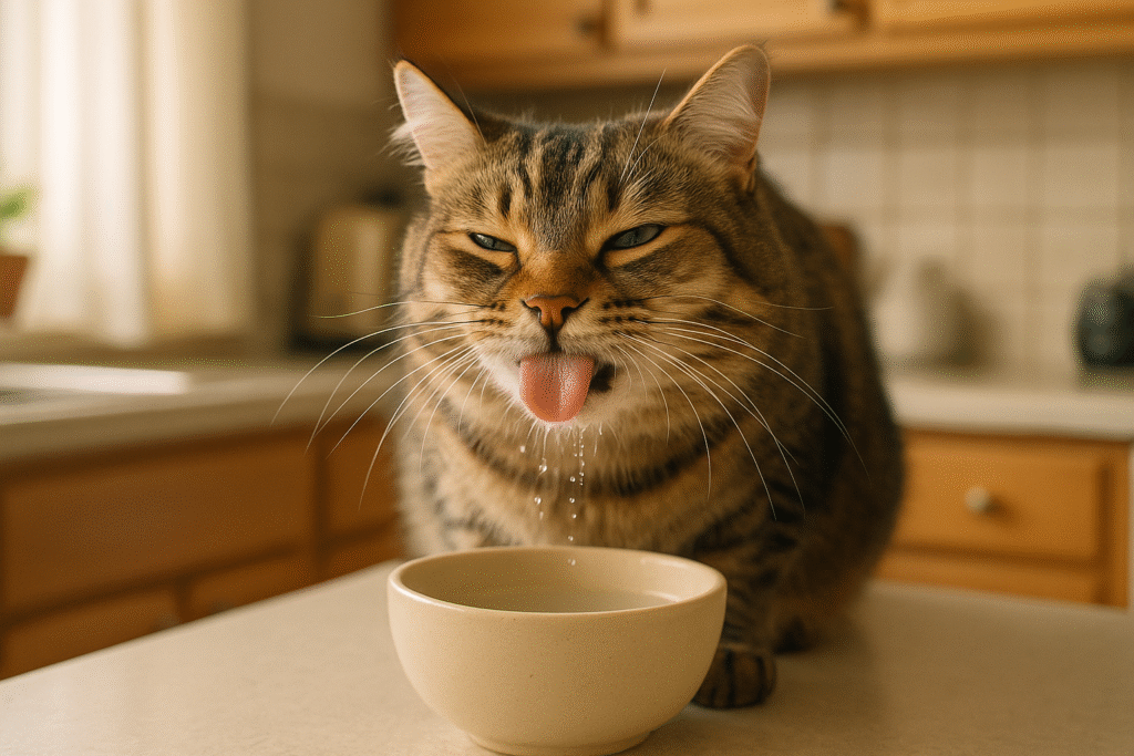 Gatto buffo che beve da una ciotola d’acqua con le vibrisse bagnate in cucina