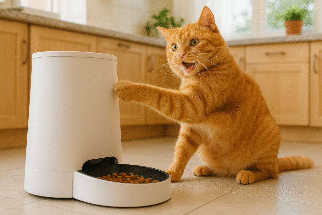 Gatto buffo che gioca con un distributore automatico di cibo in cucina
