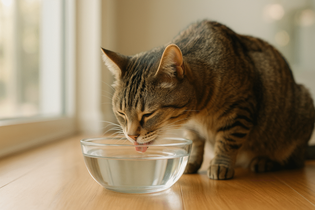 Gatto che annusa una ciotola d’acqua con cubetti di ghiaccio ed erbe fresche come menta o basilico, in un ambiente domestico rilassante