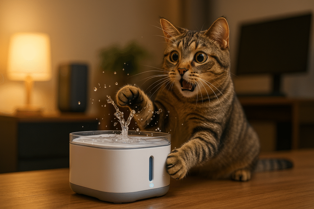 Gatto curioso che gioca con gli spruzzi d’acqua di una fontanella intelligente in casa