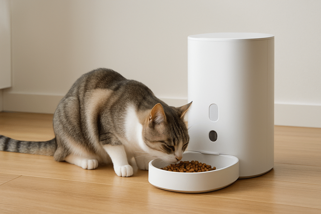 Gatto che mangia crocchette da un distributore automatico moderno su un pavimento di cucina