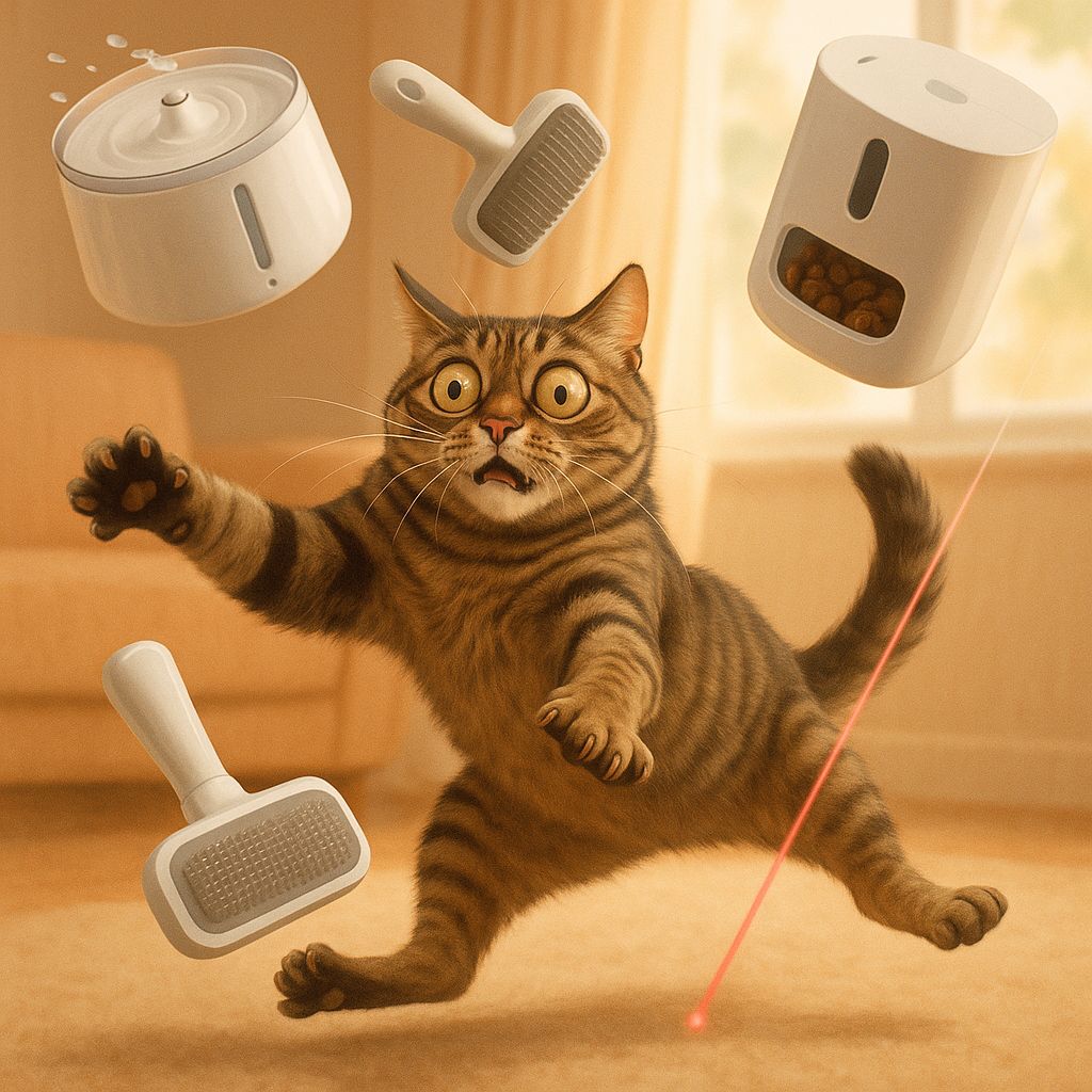 Gatto che schiva divertito gadget elettronici per animali come fontanelle, distributori e giocattoli. Illustrazione buffa e dinamica per il blog PetTech AI.