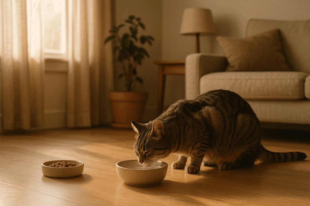 Gatto accanto a ciotola d'acqua, mentre segue dieta con cibo umido o crocchette per gatti