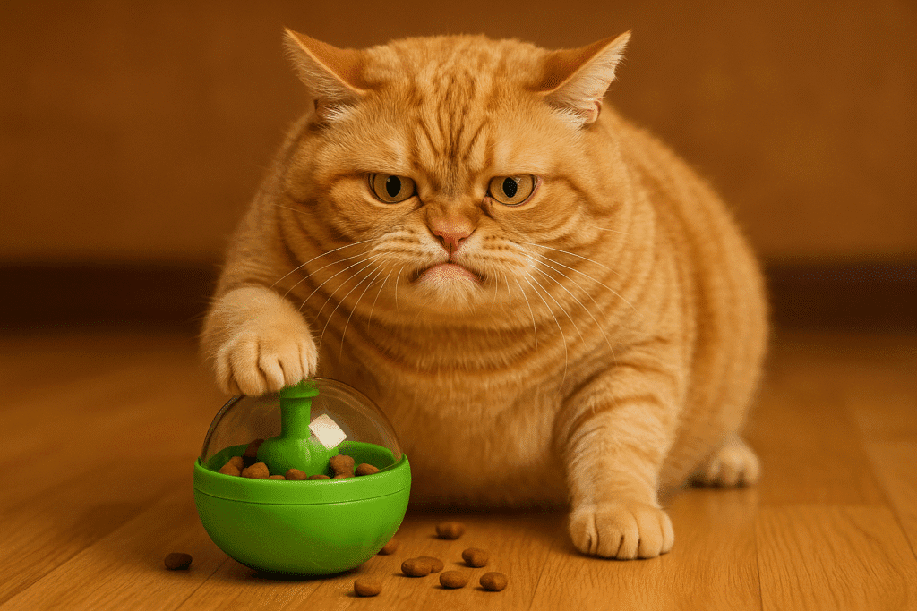 Gatto buffo che gioca con un dispenser interattivo a forma di sfera