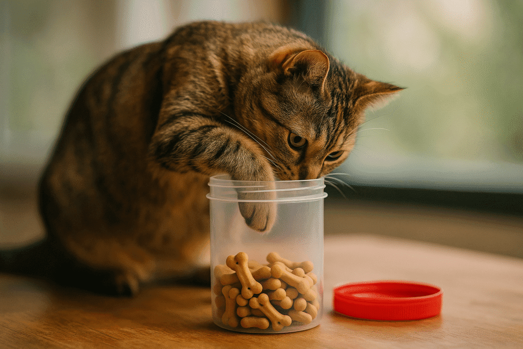Gatto curioso che cerca snack nascosti in un contenitore fatto in casa