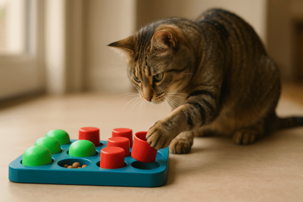 Gatto che interagisce con giochi interattivi per gatti puzzle feeder per stimolazione mentale