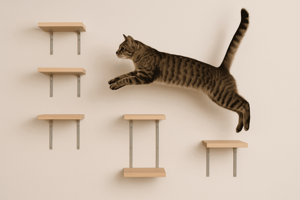 Percorso verticale costruito con mensole per stimolare l’intelligenza del tuo gatto attraverso l’attività fisica