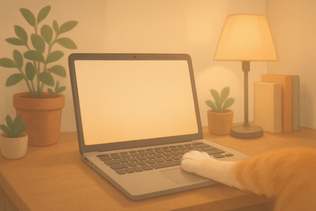 Scrivania moderna con zampa di gatto su tastiera: il cuore di PetTech AI tra tecnologia e affetto felino