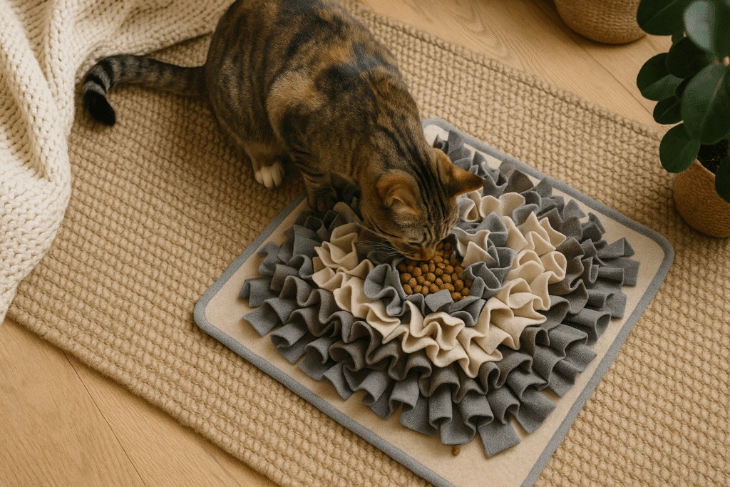 Gatto che esplora tappetino olfattivo con snack nascosti